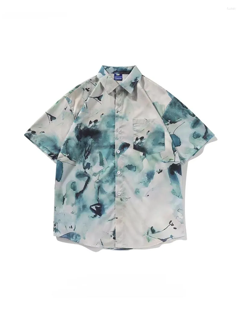 Men's Casual Shirts Trendy Summer Ink Painting Tie-dye All-over Printed Lapel Short-sleeved Men Women Beach Holiday Lazy Style Blouse