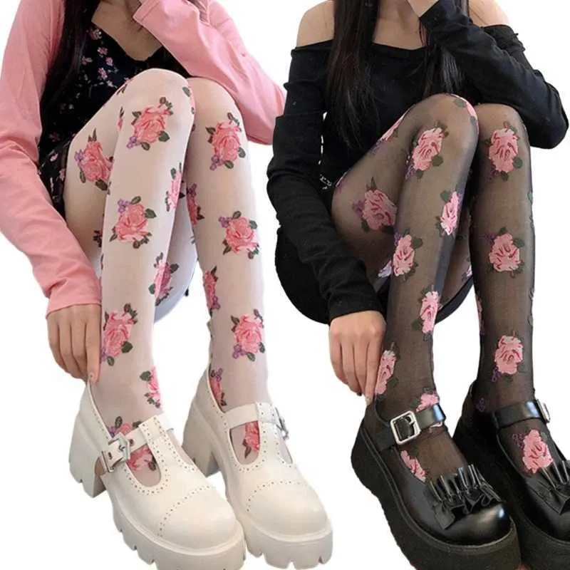 Meias sexy vintage francês rosa estampado meias pushose para mulheres japonesas jk garota sexy calçada de seda e com pé fino meias 240416