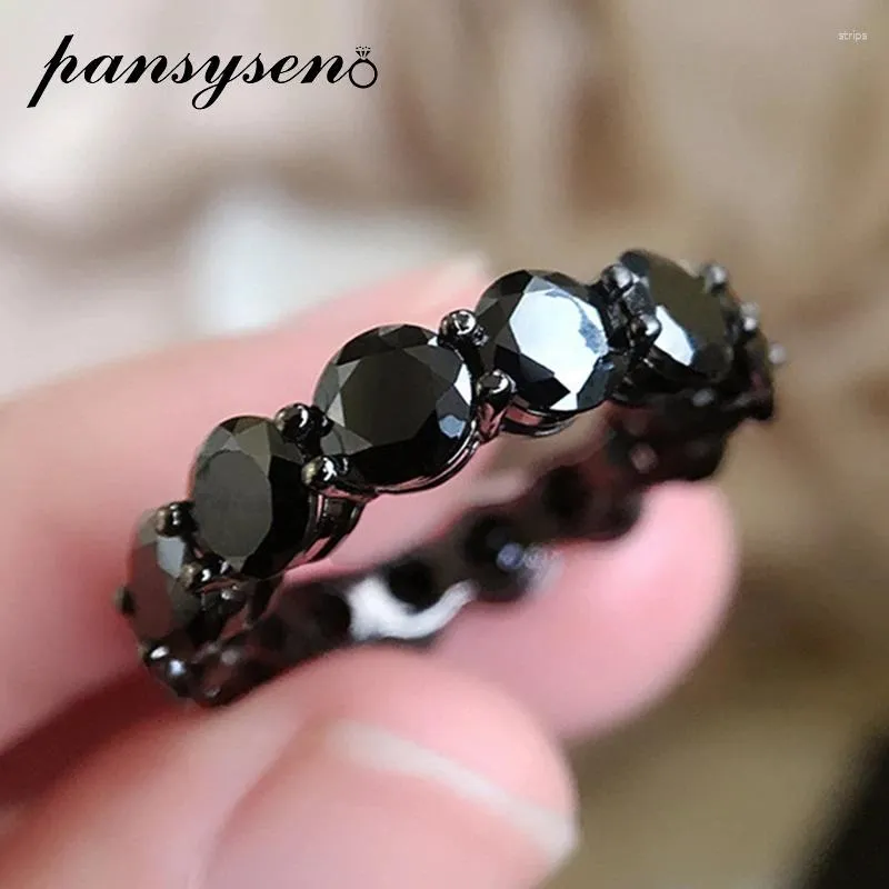 Cluster Rings PANSYSEN Solid 925 Sterling Silver Round Cut Created Obsidian Black Gemstone For Women Vintage Fine Jewelry Ring Wholesale