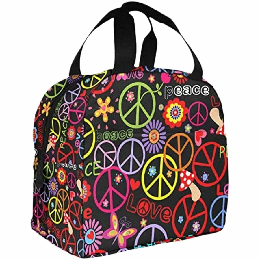 peace Symbol Womens Lunch Box Abstract Frs 1970S Love Sign Heart Pattern Insulated Lunch Bag for Work School Outdoor g9M6#