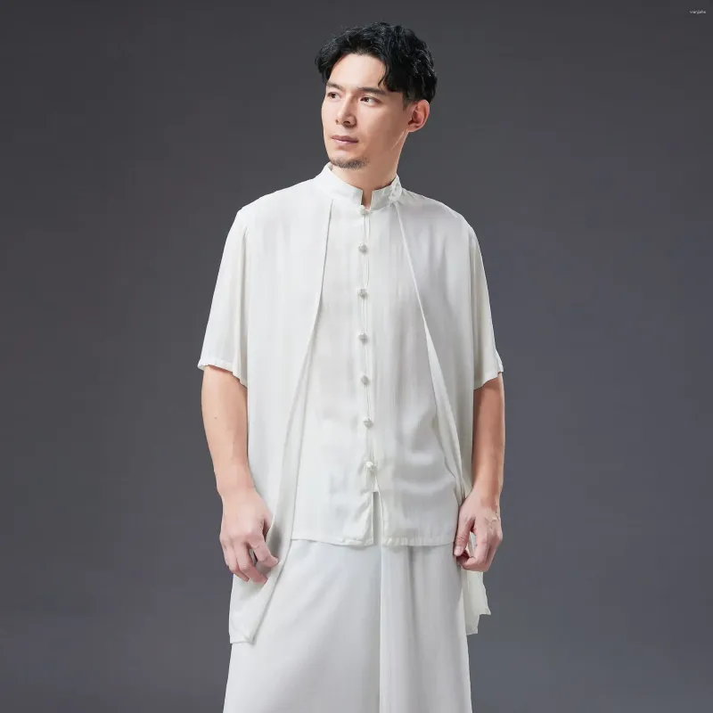 エスニック服の夏のゆるい白い固形色のプラケット中国語のスタンドアップカラー薄いシャツ半袖ナショナルスタイルの男性
