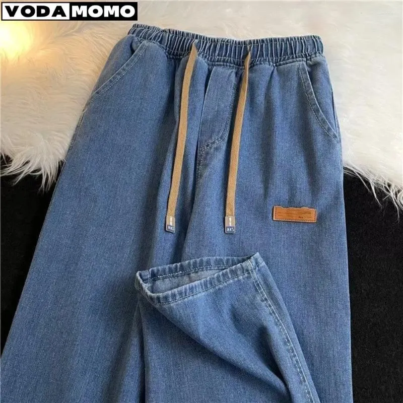 Mäns jeans 2024 Autumn Elastic midja för kvinnors casual lösa raka dragsko denim byxor vintage bred benbyxor y2k