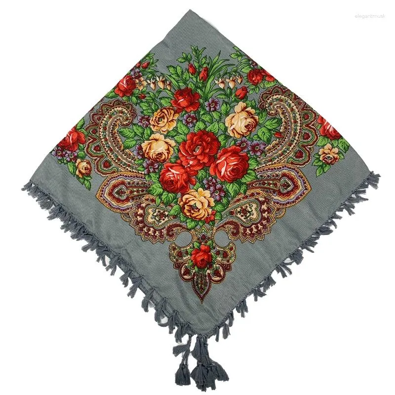 Szaliki 90 90 cm Rosyjski kwadratowy szalik Kobiety kwiatowy nadruk chuda szal retro fringed babushka chusteczka głowa głowicy szale etniczne