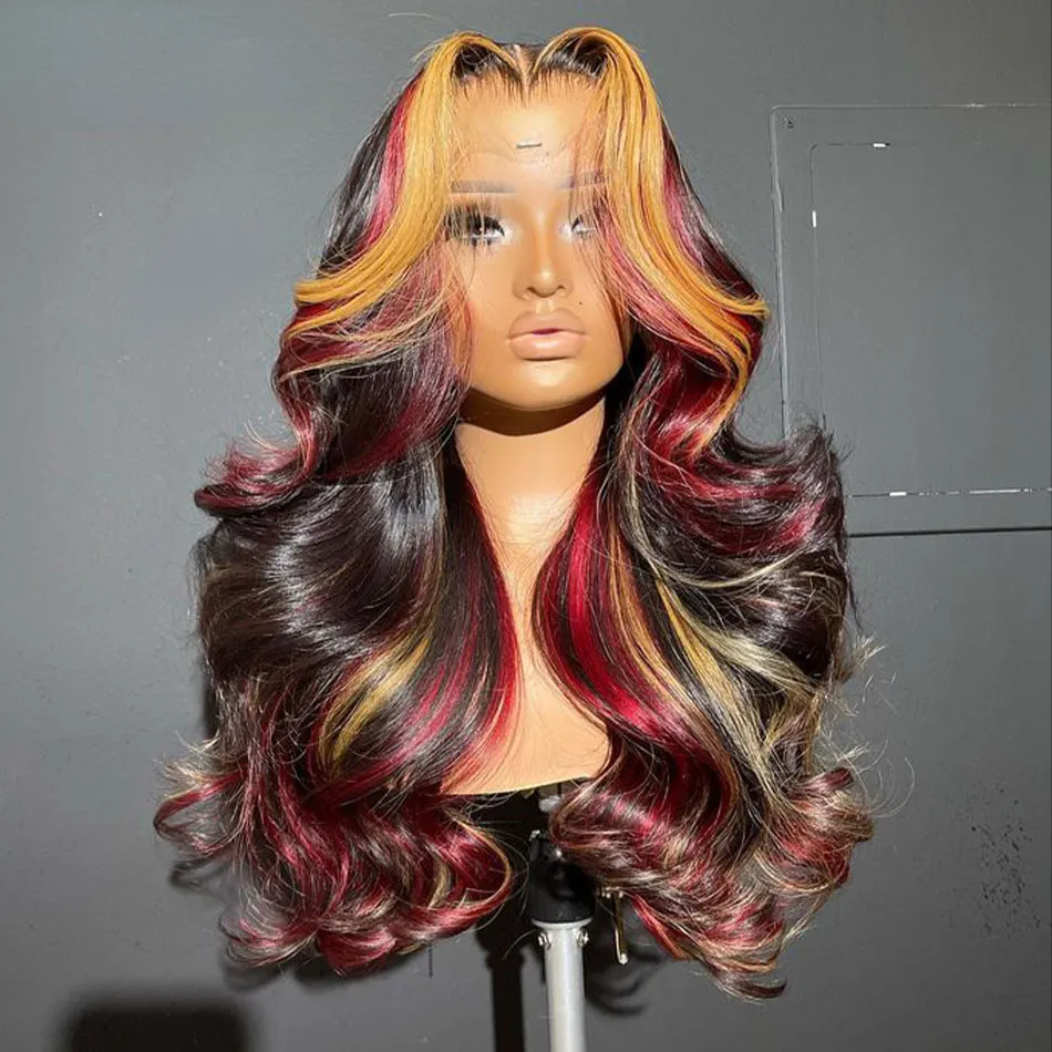 180% Transparent 13X4 Multi Color Highlight Red with Blonde Wig Body Wave Lace Frontal Wigs Human Hair for Women Syntheic Wig Preplucked