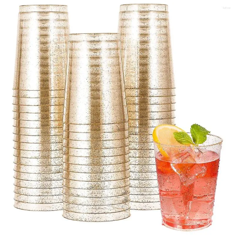 Disposable Cups Straws 25PCS Gold Plastic Clear Wine Glasses Fancy Hard With Glitter For Party