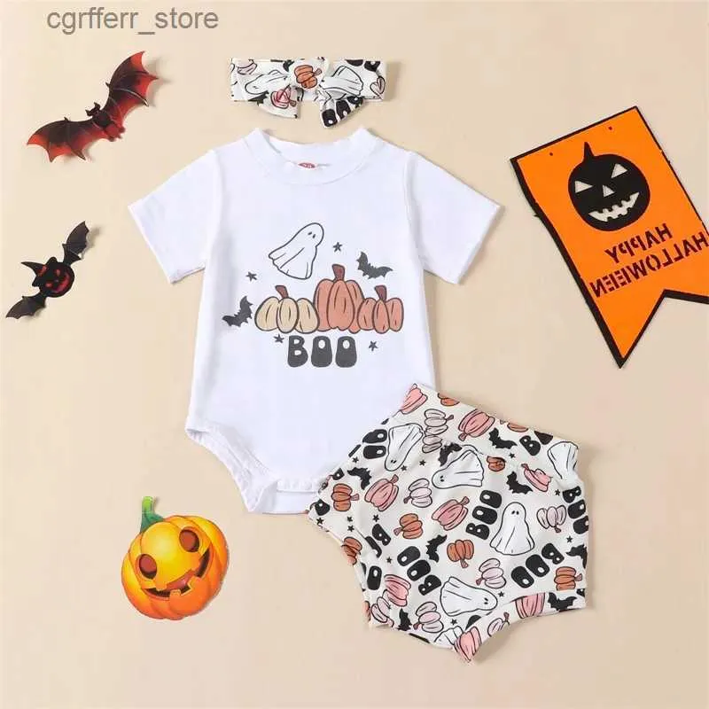 Rompers Halloween 0-2y spädbarn baby jumpsuit outfits pumpa spöke tryck kort ärm romper + shorts + bow pannband 3 st kläder set l410