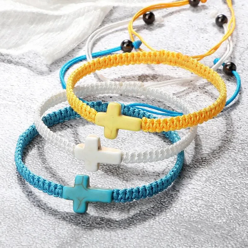 Link Bracelets Woven Turquoise Bracelet Ethnic Wind Cross Adjustable Hand Rope Friendship Jewelry