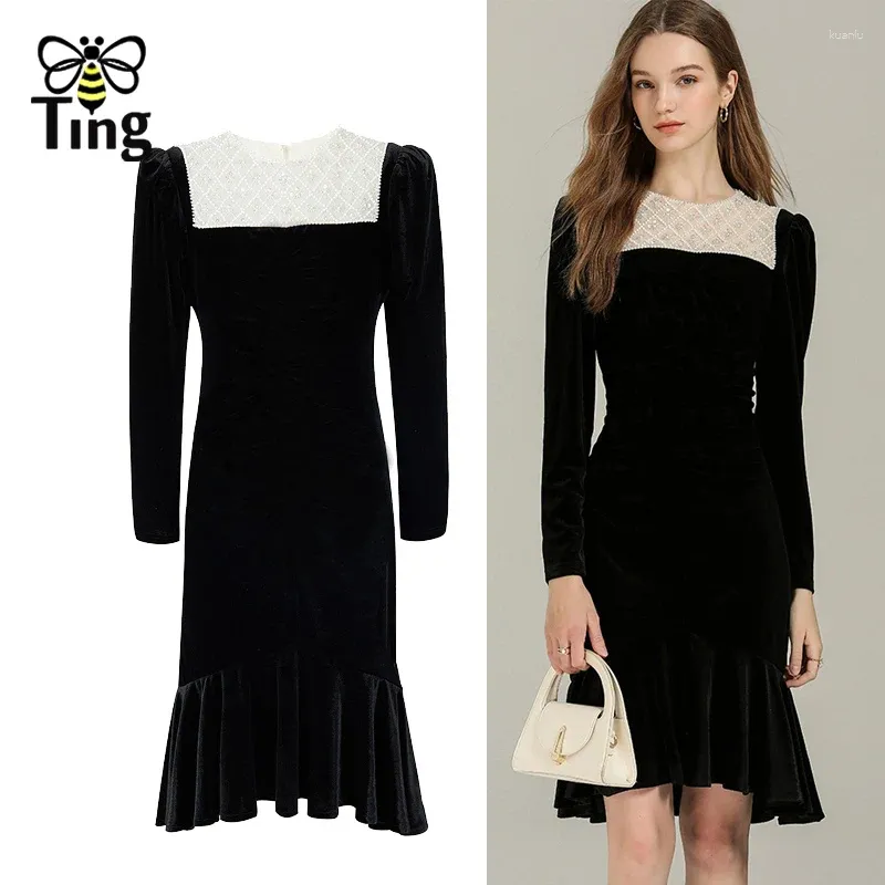 Casual Dresses Tingfly Women Fashion Beading Slim Fit Black Color Velvet Mermaid Kne Length Dress Vintage Elegant Lady Spring