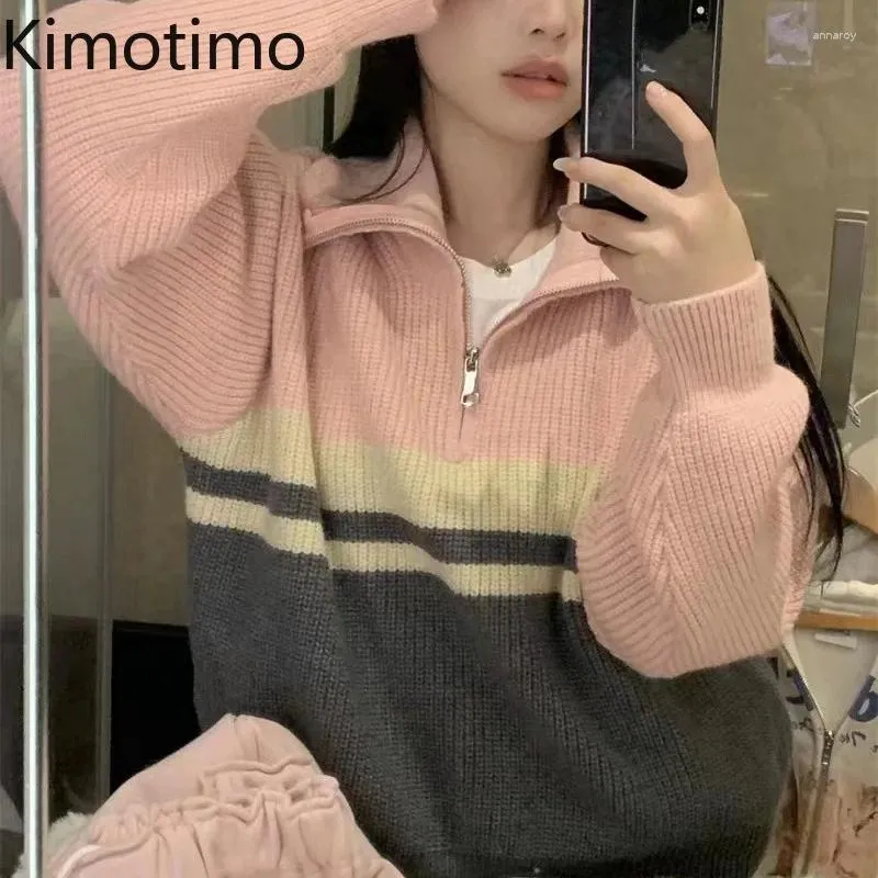 Kimotimo Womens Striped Bonanza Sweaters Female With Half Zipper Design Contrast Color Knitted Pullover For Autumn Winter Sweet Casual Wear 2024 Autumn Collection From Annaroy 21.77 DHgate.Com