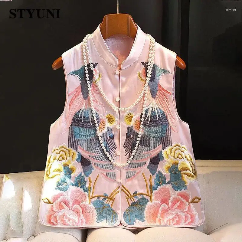 Kadın yelek pembe çiçek boncuk nakış şık kolsuz ceket yeleği Kore moda tek göğüslü ceketler kadınlar için ceket 2024