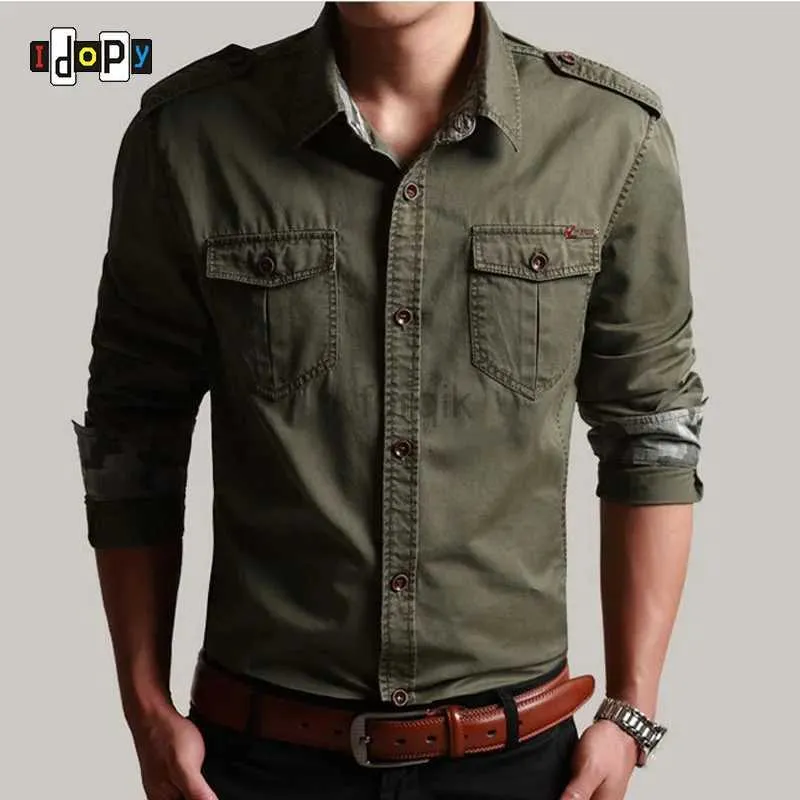 Chemises décontractées pour hommes idopy chemise pilote masculin à manches longues patchwork poche masculine mode armée de style militaire pour 24416