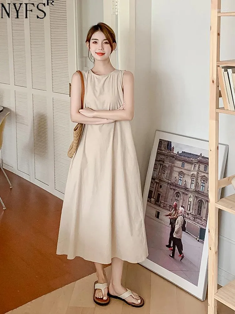 Casual Dresses NYFS 2024 Summer Korea Woman Dress Vestidos Robe Elbise Loose Plus Size Linen Cotton Sleeveless Backless Long