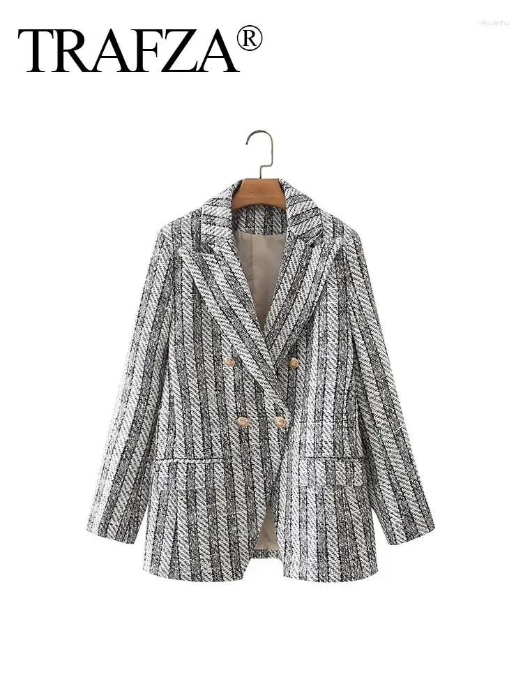 Costumes pour femmes Trafza Retro Blazer à plaid gris foncé pour femmes 2024 Spring Elegant Long Manches Pocket Metal Metal Double Breasted