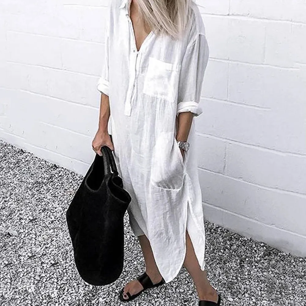 Plus Size Cotton Linen Long Dress for Women Summer Casual Short Sleeve Shirt Oversized Female Clothing Y2K Vestido Ro 240412