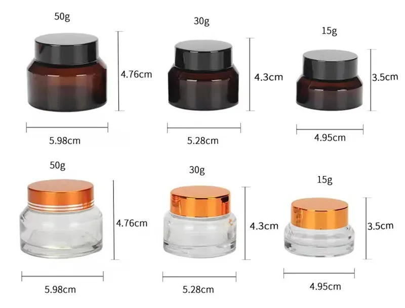 15g 30g 50g Amber Glass Jars Empty Container Cosmetic Bottle with White Inner Liners and Black Gold Lids