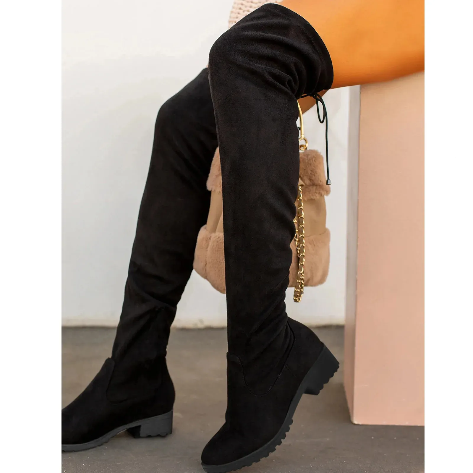 Faux Suede Square Heels Elastic Knee-high Boots for Women Tube Lace-up Slim Velvet Warm Thigh High Boots Black Botas Mujer 240411
