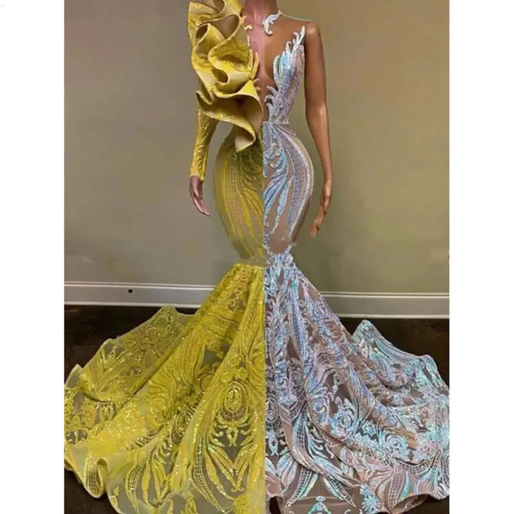 Färggul kontrast Mermaid Prom Dresses For Black Girls Long Sleeve Ruffles Sequin African Evening Dress Graduation Gala klänning