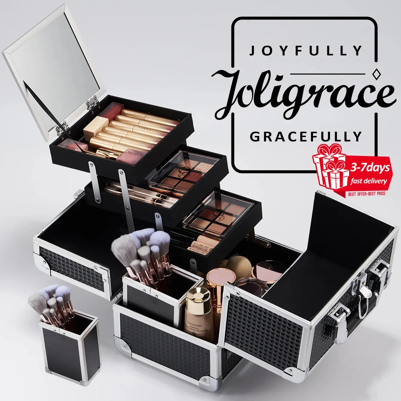 Joligrace Professional Makeup Suitcase Portable stor kapacitet Make Up Case Box med kosmetiska borstar Holder Mirror Låsbar 240416