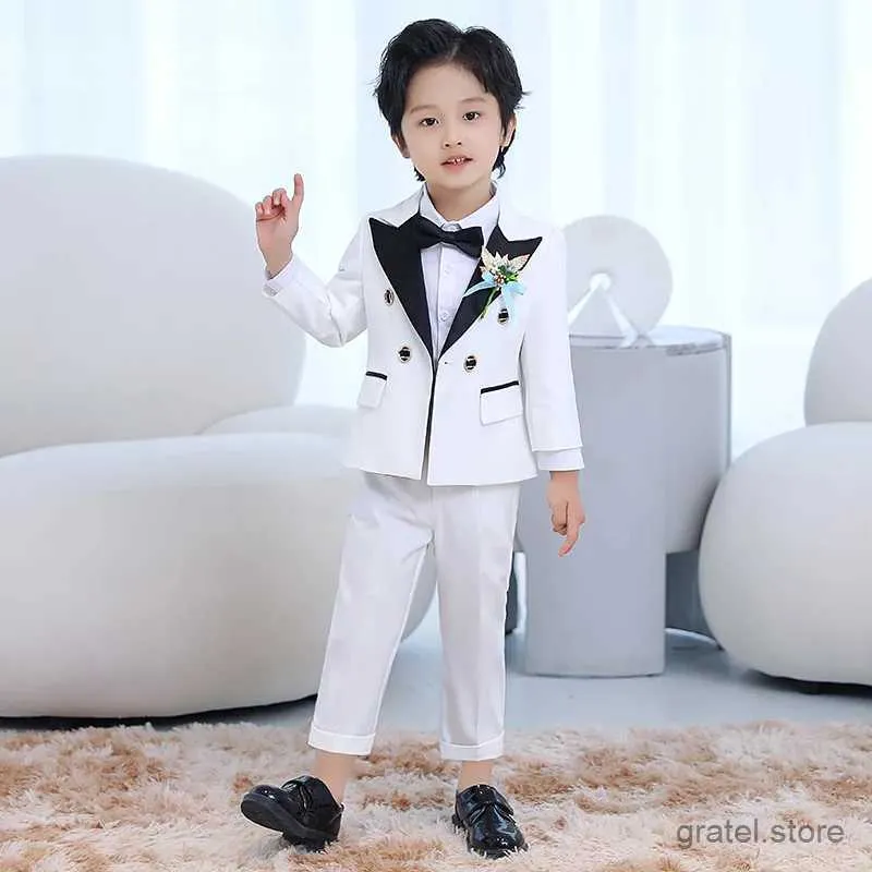 Suits Boys White Jacket Pants Tie 3Pcs Photograph Suit Baby Kids 1 Year Birthday Set Children Wedding Performance Party Costume Dress