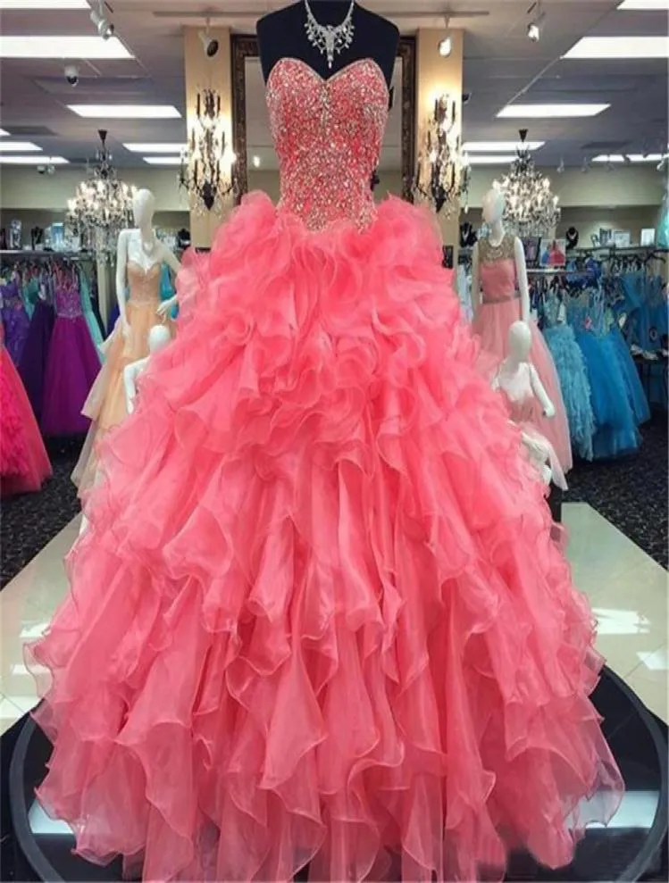 Perlenprinzessin Ballkleid Quinceanera Kleider maßgeschneiderte dunkelrosa gekräuselte Organza Sexy 16 Kleid Vestidos Para Formatura3620780