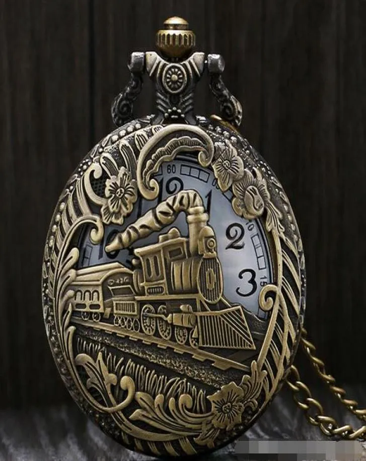 New Retro Silver Golden Train Engraving Hollow Steampunk Quartz Pocket Watch Men039S Netclace Pendant Gift MM128904437