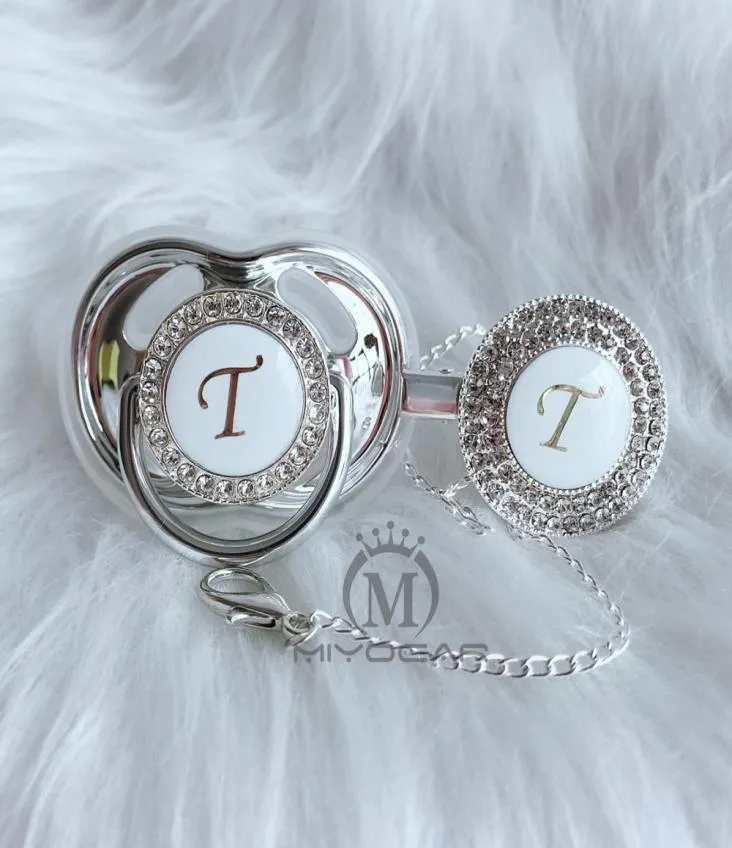 MIYOCAR name Initial letter T elegant silver bling pacifier and pacifier clip BPA dummy bling unique design SGS pass LT1848093