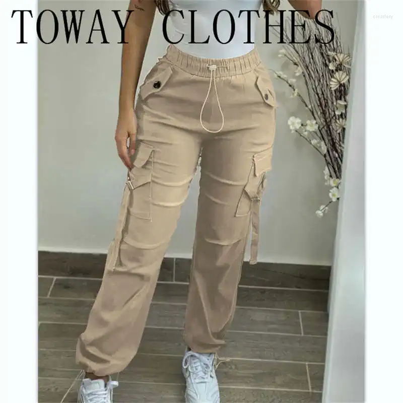 Pantalon féminin Fashion Multi Pocket Side Safari style élastique taille droite longue automne d'hiver d'été large pantalon cargo