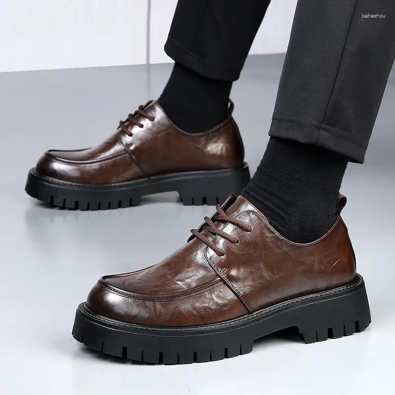 Casual Shoes Fashion Spring Men Leather Flats British Style Breathable Male Formal Round Toe Thick Bottom Business Man