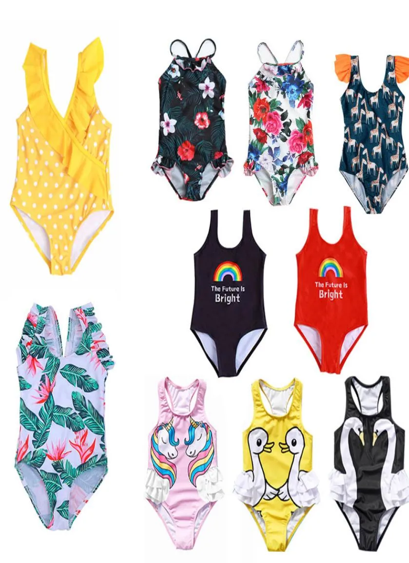 Barn Onepieces Swim Clothes Girls Beachwear One Piece Ruffled Swan Duck Unicorn Baddräkter med hatt M39796318460