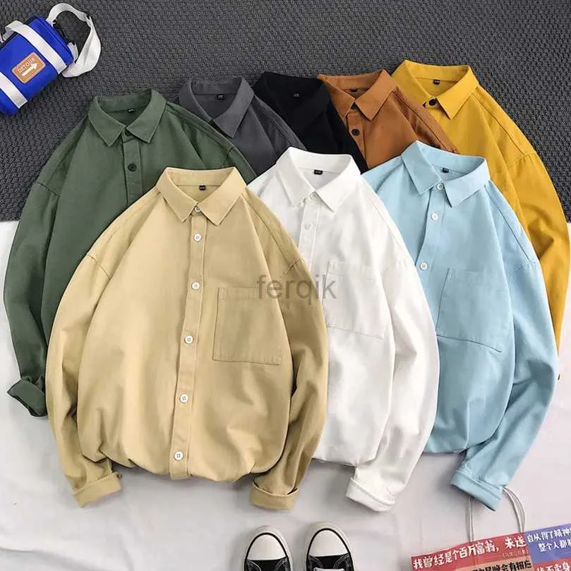 Camisas casuais masculinas 100% algodão de manga longa de tamanho grande de calcinha de calcinha de calcinha de bolso de bolso de bolso Japão Estilo de rua sólido 2023 24416