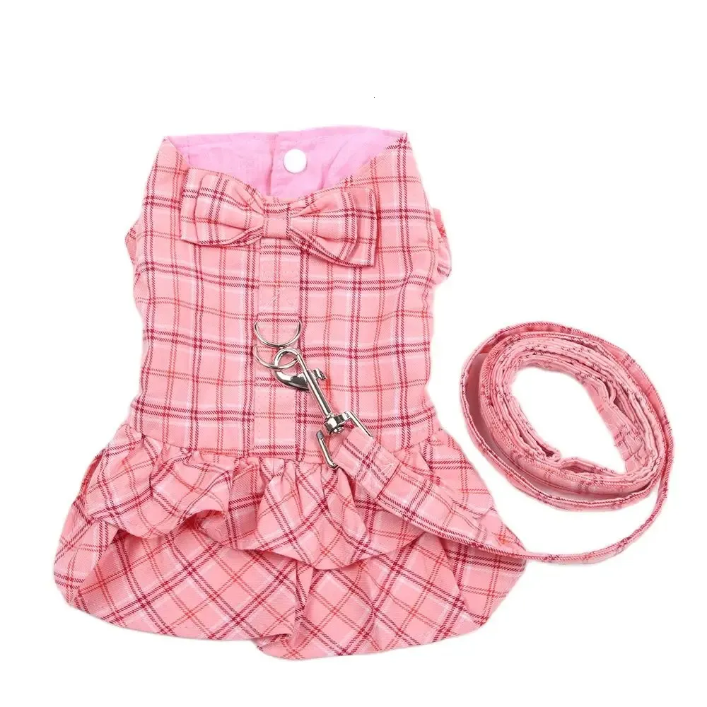 Hondenkat overhemd met een plaid boog met bijpassende hondenriem puppy rok rokbranden Springsummer kledingkleding 5 maten 240416