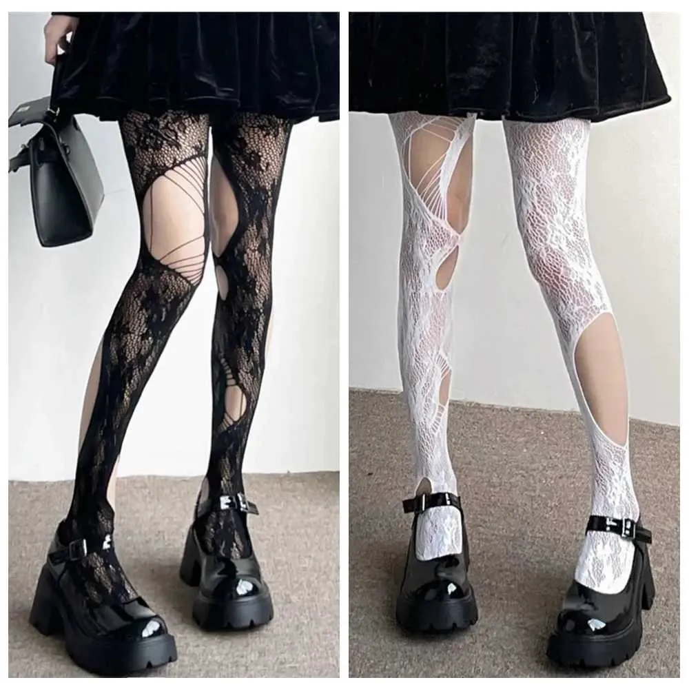 Chaussettes sexy blanches noires fishnet lolita sauthose femmes gothiques punk harajuku trous déchirés irréguliers