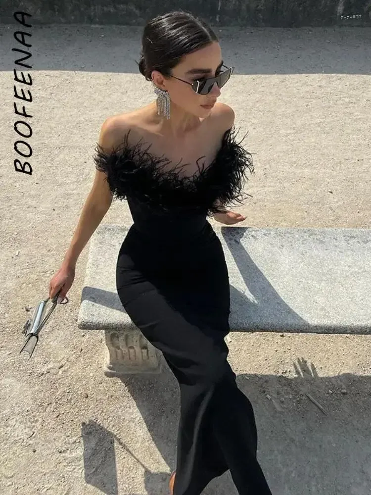 Casual jurken boofeenaaa veer backless lange maxi jurk elegante sexy cocktail voor vrouwen feest avondjurk zwart wit c66-dc29