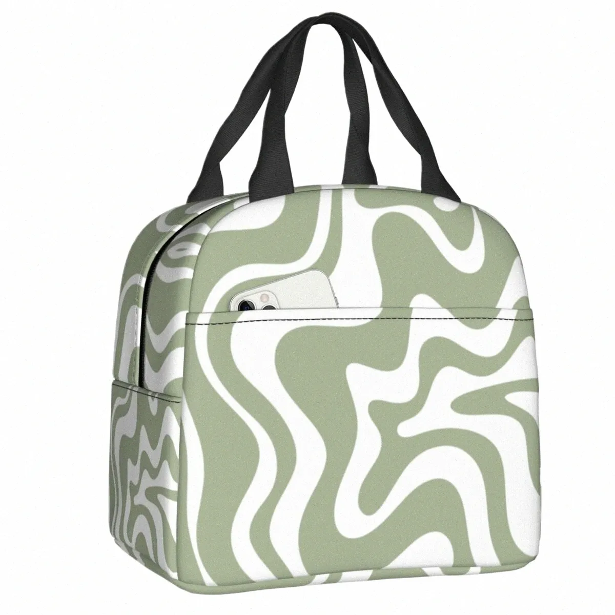 liquid Swirl Abstract Pattern In Sage Green Insulated Lunch Bag Geometric Art Cooler Thermal Bento Box For Women Kids Food Bags g7Jn#