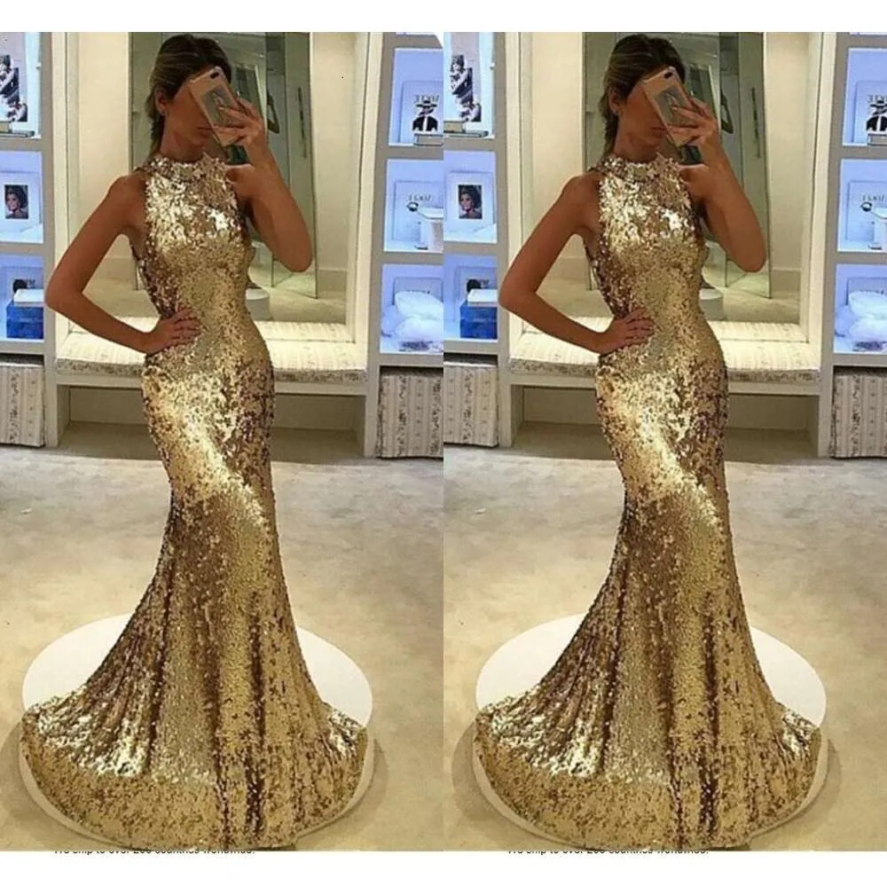 Sequined Cheap Gold Sier Romaid Prompes Promes Jewel Neck Bleadless Pleacts Сексуальные формальные платья вечеринка вечерние платья vestidos de fiesta 330