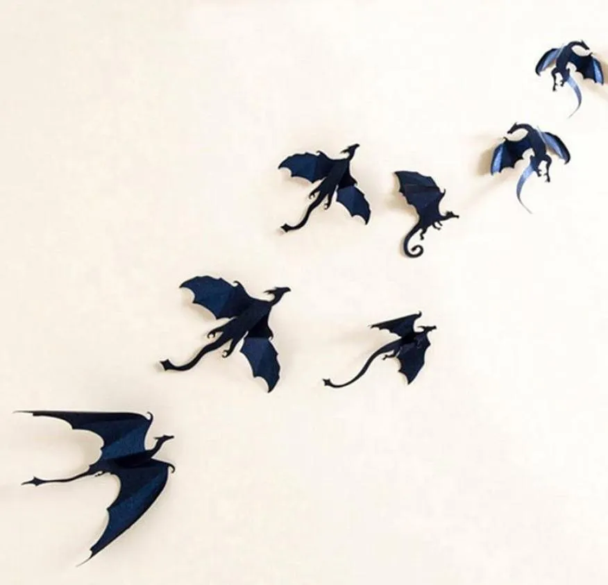 3D Dragon Sticker Halloween Fantasy Decor Dinosaurs Art Decals Wall Stickers Festly Event Party Bakgrund Dekorationer Black 7PCS9170870