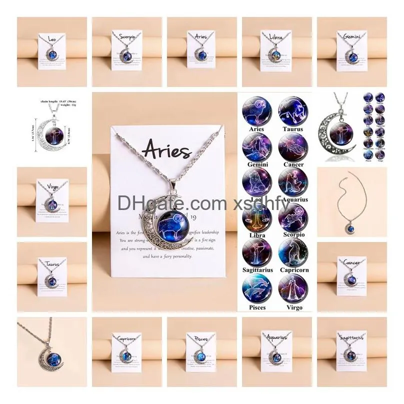 Pendant Necklaces Time Gem Moon12 Constellation Zodiac Sign Necklace Horoscope Jewelry Galaxy Libra Astrology Gift With Retail Drop De Ot3Kf