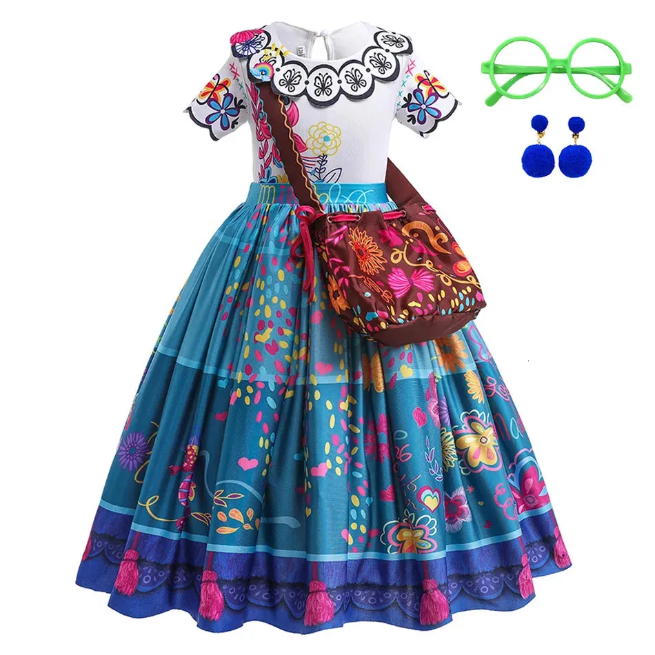 Flickor Princess Costume Children Encanto Halloween Swing Fleared Cloths Barn Tryckt Mirabel Cartoon Fantasy Cosplay Dress 312Y 240413