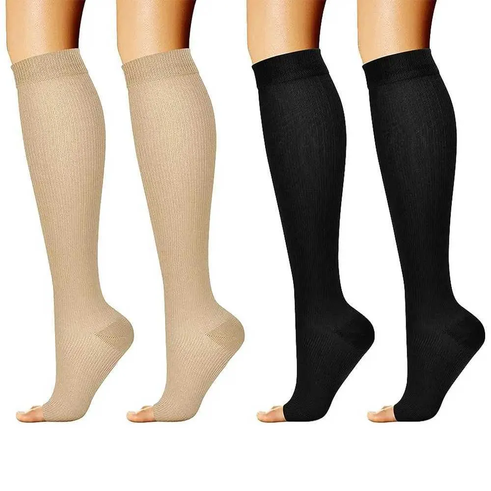 Sexy sokken s/m/l/xl/xxl Compressiesokken flexibele zwarte medische kompres sokken open teen knie knie hoge compressie sox voor vrouwen mannen 240416