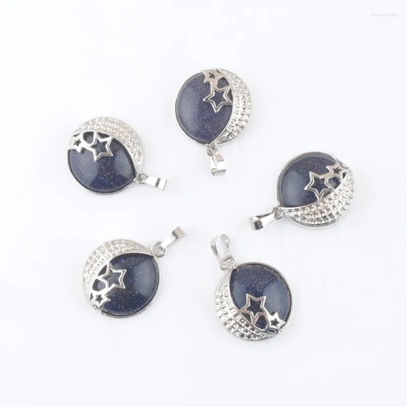 Pendant Necklaces Natural Blue Sand Stone Pendants Crescent Moon Pentagram Star Design Pattern Silver Plated Charm Chakra Jewelry 10Pcs