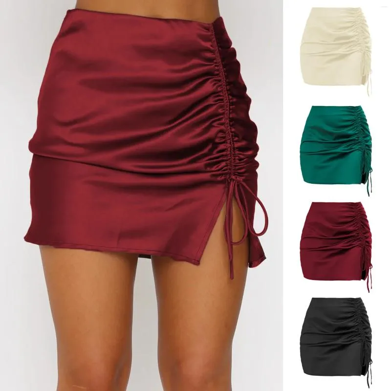 Spódnice satynowe spódnica dla kobiet solidna wysoka talia otwartej strony sznurka owinięta mini mini -koziona odzież klubowa streetwear
