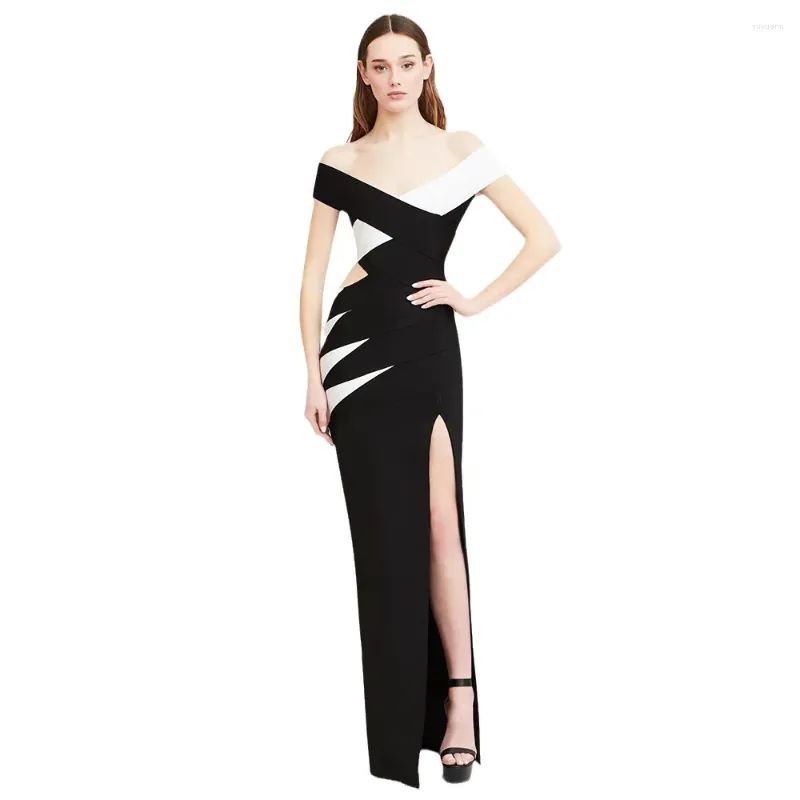 Robes décontractées Femmes Black Sans manches de l'épaule Hollow Out Patchwork Split 2024 Bandage Long Maxi BodyCon Celebrity Party Soil Robe