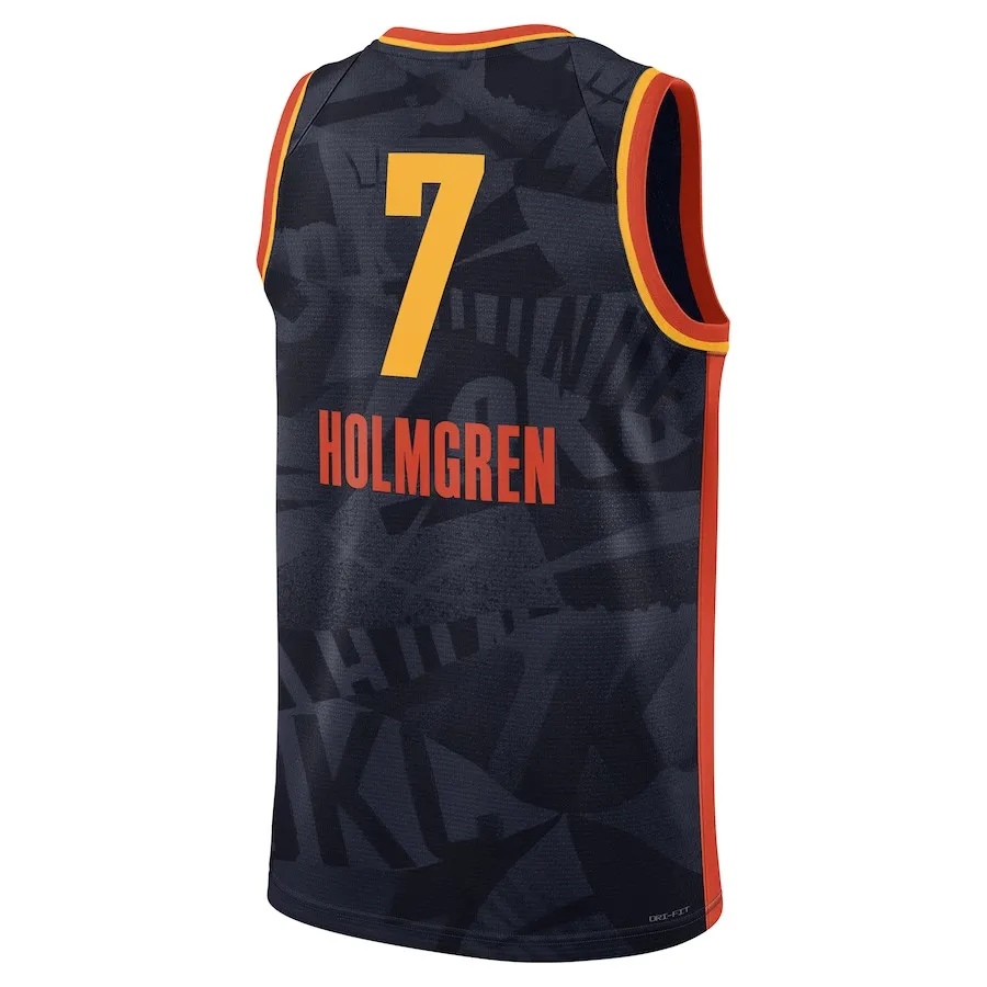 Oklahoma City Thunder custom basketball uniforms featuring Josh Giddey Chet Holmgren Gilgeous Alexander Jalen Williams Tre Mann Luguentz Dort Russell Westbrook Blue City Jersey