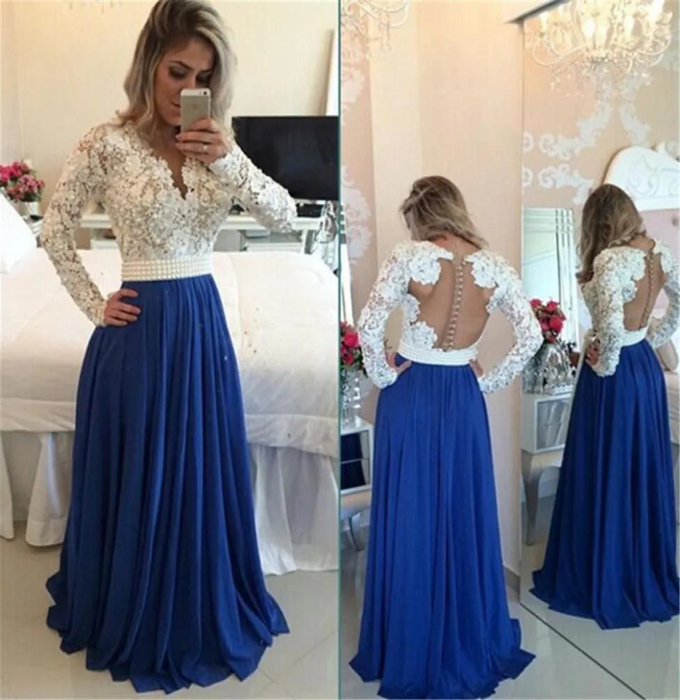 Glamorous Long Sleeve Chiffon Prom Dress With Pearls And Lace Appliques White and Blue Evening Dress formal women dress4817947