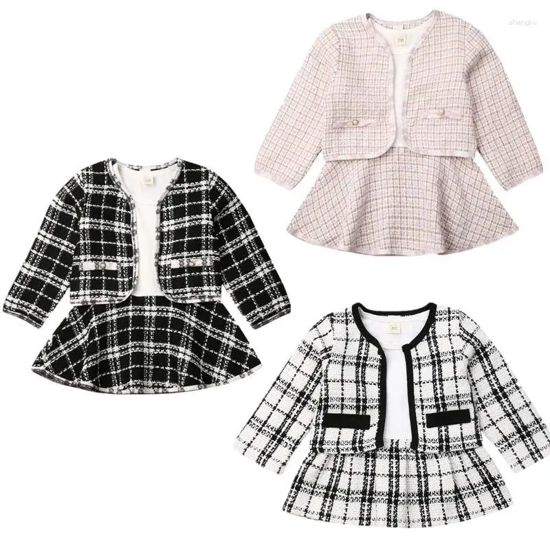 Ensembles de vêtements 2024 Fashion Baby Girls Vêtements Birthday à manches longues à carreau à carreaux Robe 2pcs Party Tenue chaude 1-6Y