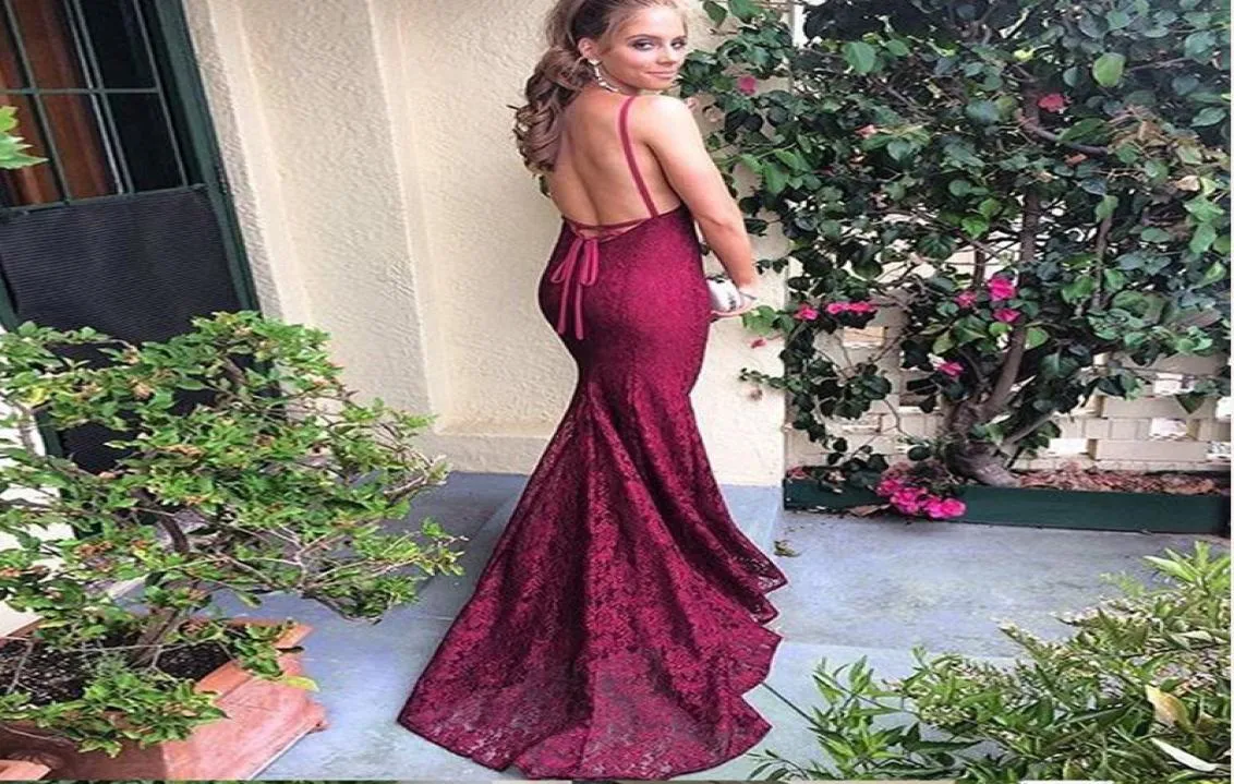 Sexy Eyecatching Burgundy Lace Vneck Mermaid Prom Dresss Criss Cross Back Back Long Train Wedding Party Dresss1841931