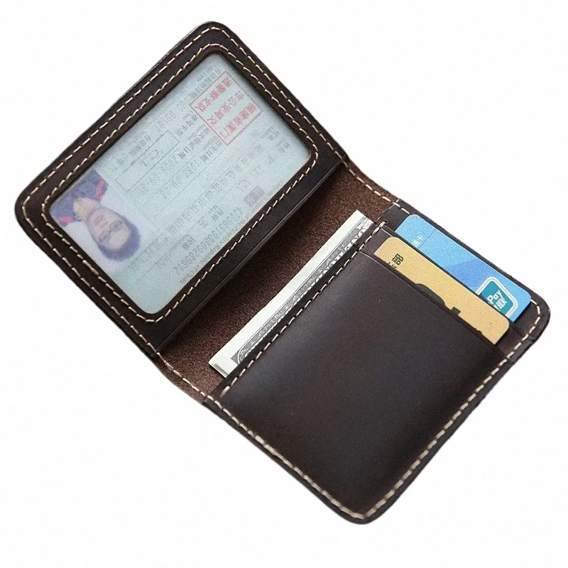 Simline äkta läder kreditkortshållare för män vintage kort handgjorda bifold smala små man plånbokväskor förarens licensväska v8wi#