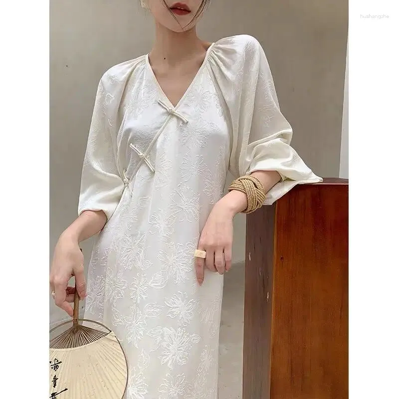 Casual Dresses Chinese Style V Neck Lantern Sleeved Long Dress 2024 Women Spring Summer Print Loose Midi Female Vestidos X1057