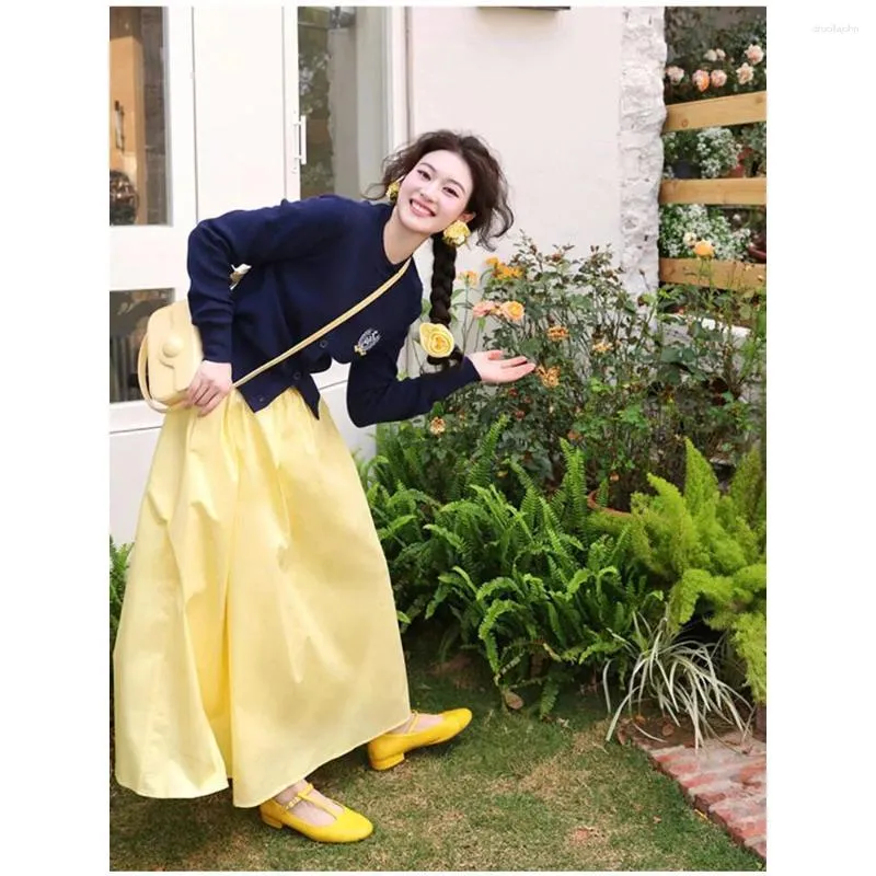 Women s Long Sleeve Navy Blue Knitted Cardigan and A Line Yellow Dress Suit