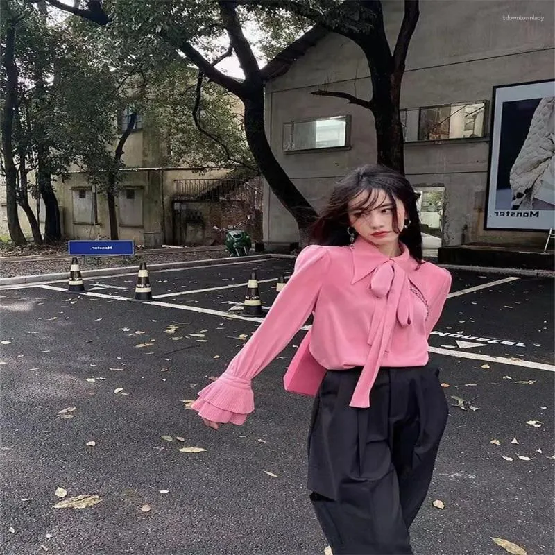 Women's Blouses Spring Fashion Sweet Turn Down Collar Bow Lace Up Pink Street Button Shirts Casual Long Sleeve Slim Tops for Women